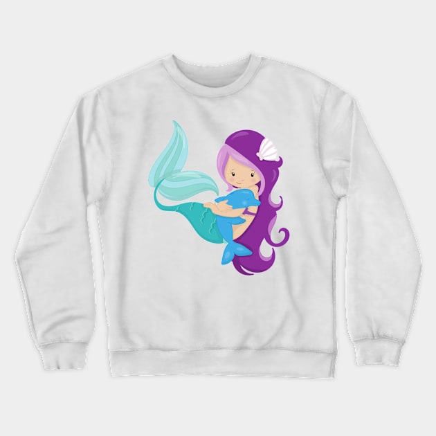 Cute Mermaid, Little Mermaid, Purple Hair, Dolphin Crewneck Sweatshirt by Jelena Dunčević